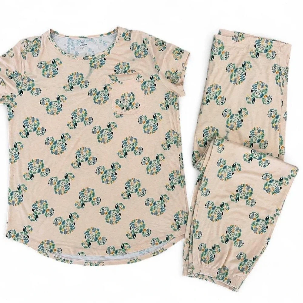 Disney Mickey Mouse XXL Pajama Set Pink Leaf Print 2-Piece